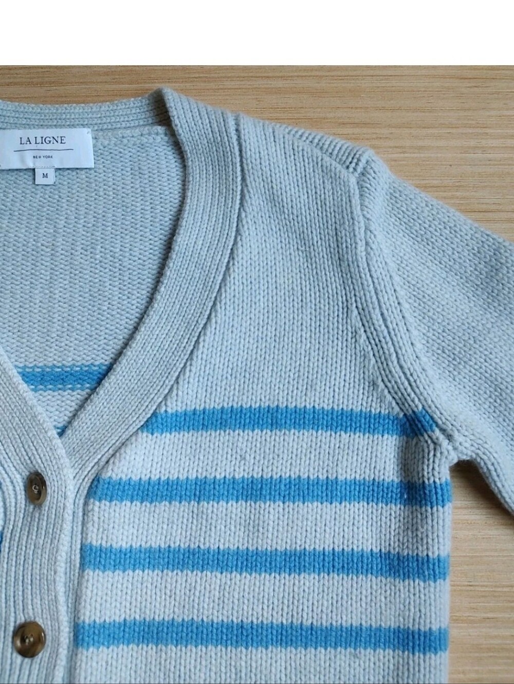 LA Ligne Mini Marin Striped Cardigan Wool Cashmere Blue Buttons Chunky Crop M - Picture 9 of 16